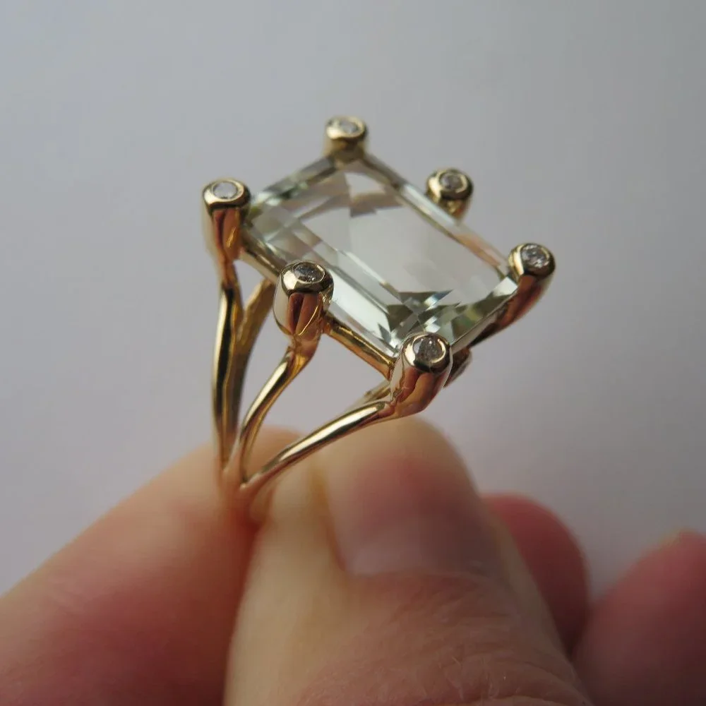 Natural Prasiolite Green Quartz Natural Diamonds 14K Yellow Gold Cocktail Ring